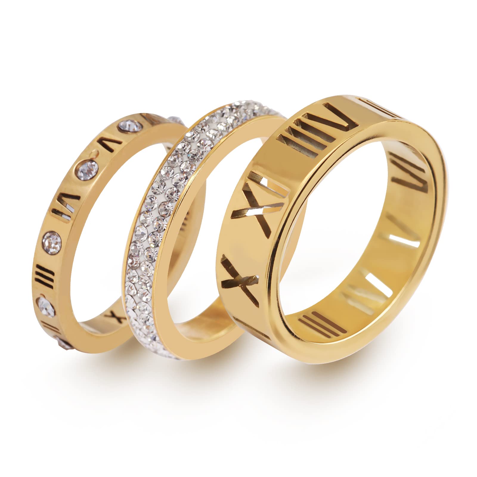 UNAPHYO Roman Numeral Stackable Rings for Women 3pcs Set Stainless Steel Cubic Zirconia Engagement Wedding Bands Stacking Ring Gold Plated Size 7