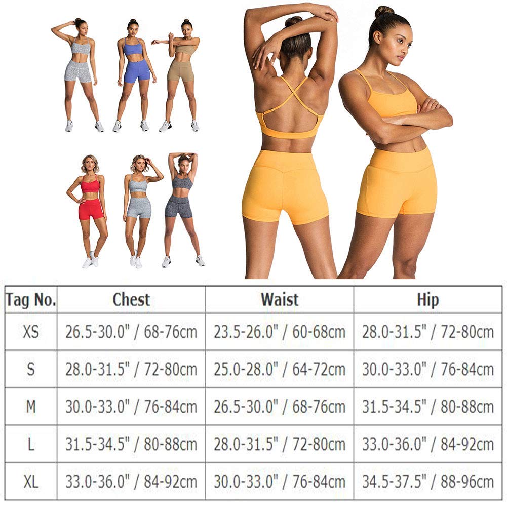 Women Yoga Outfit Seamless 2 Piece Workout Gym Sleeveless Spaghetti Strap Criss Cross Crop Top with High Waist Boxer Shorts Tummy Control Tracksuit Activewear Athletic Fintess Clothes Khaki X-Small