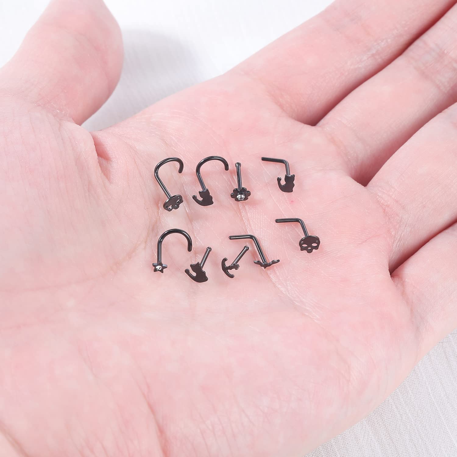 ZS 20G Corkscrew Nose Rings Surgical Steel L-Shaped Nose Studs Bat Skull Nose Bone Stud Nose Piercing Jewelry for Women (18pcs Black)