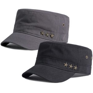 2 pack men's cotton military caps cadet army caps vintage flat top cap (z-black/grey)