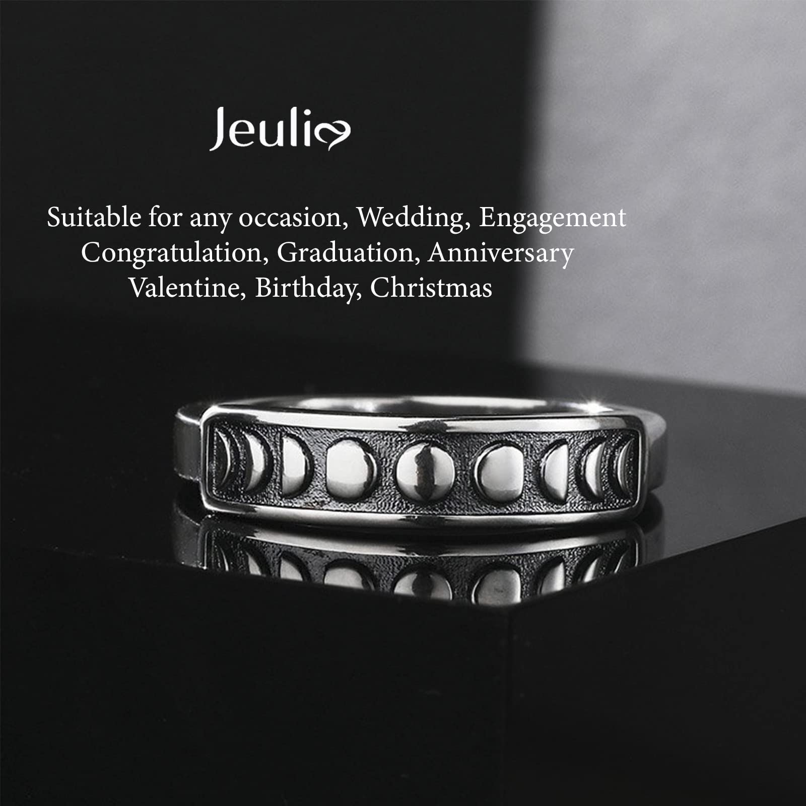 Jeulia Gothic Black Band For Men Women Moon Phase Ring Silver Punk Ring Jewelry Vintage Cool Nature Ring For Teen boys Engagement Band with Jewelry Gift Box (Moon Phase, 8.5)