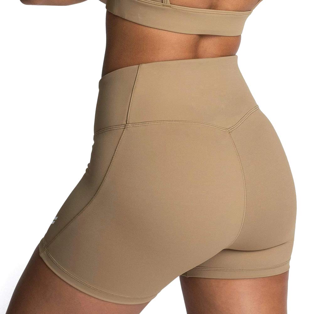 Women Yoga Outfit Seamless 2 Piece Workout Gym Sleeveless Spaghetti Strap Criss Cross Crop Top with High Waist Boxer Shorts Tummy Control Tracksuit Activewear Athletic Fintess Clothes Khaki X-Small