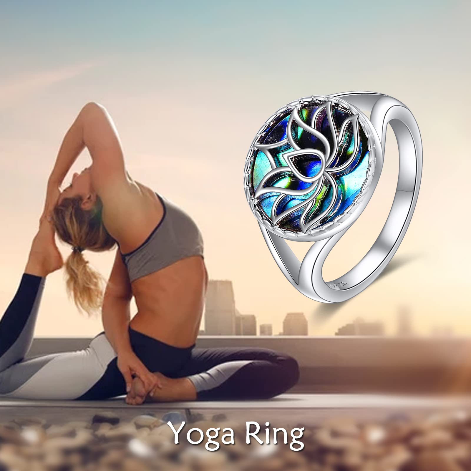 TIGER RIDER Lotus Flower Yoga Band Ring 925 Sterling Silver Ring with Abalone Shell, Size 7 8 9(9)