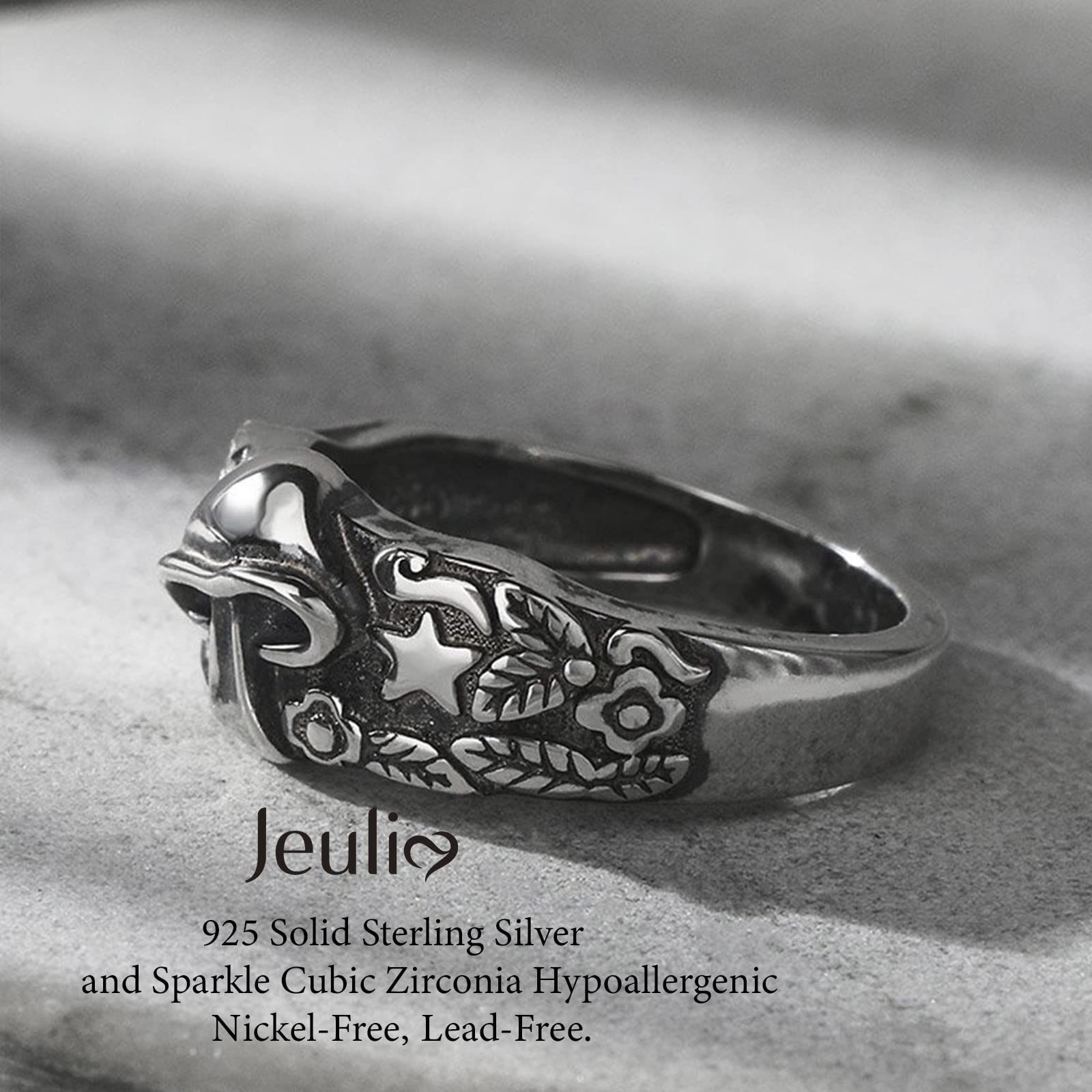 Jeulia Mushroom Rings For Women Vintage Gothic Flower Star Leaf Silver Punk Band Jewelry Cool Nature Ring For Men Teen Boys Birthday Anniversary with Gift Box (Vintage Mushroom, 6)