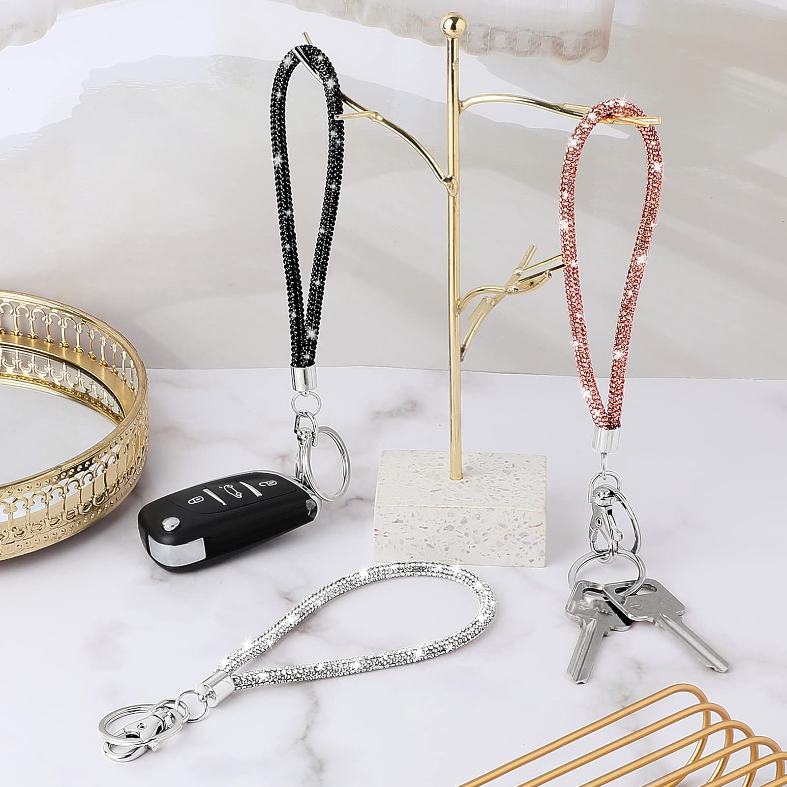 3 Pieces Bling Wristlet Keychain Wristlet Lanyard Keychains for Women Rhinestone Lanyards for Keys Wristlet Keychain for Women Keychain Wallet Credit Card Holder (Black, Champagne, White)