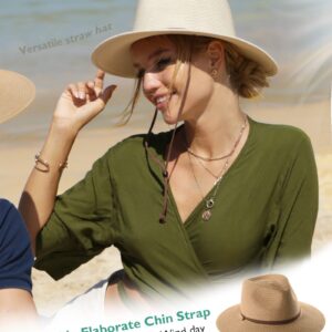 FURTALK Womens Summer Straw Sun Hats Wide Brim Panama Fedora Beach Hat with Wind Lanyard UPF 80+ Beige