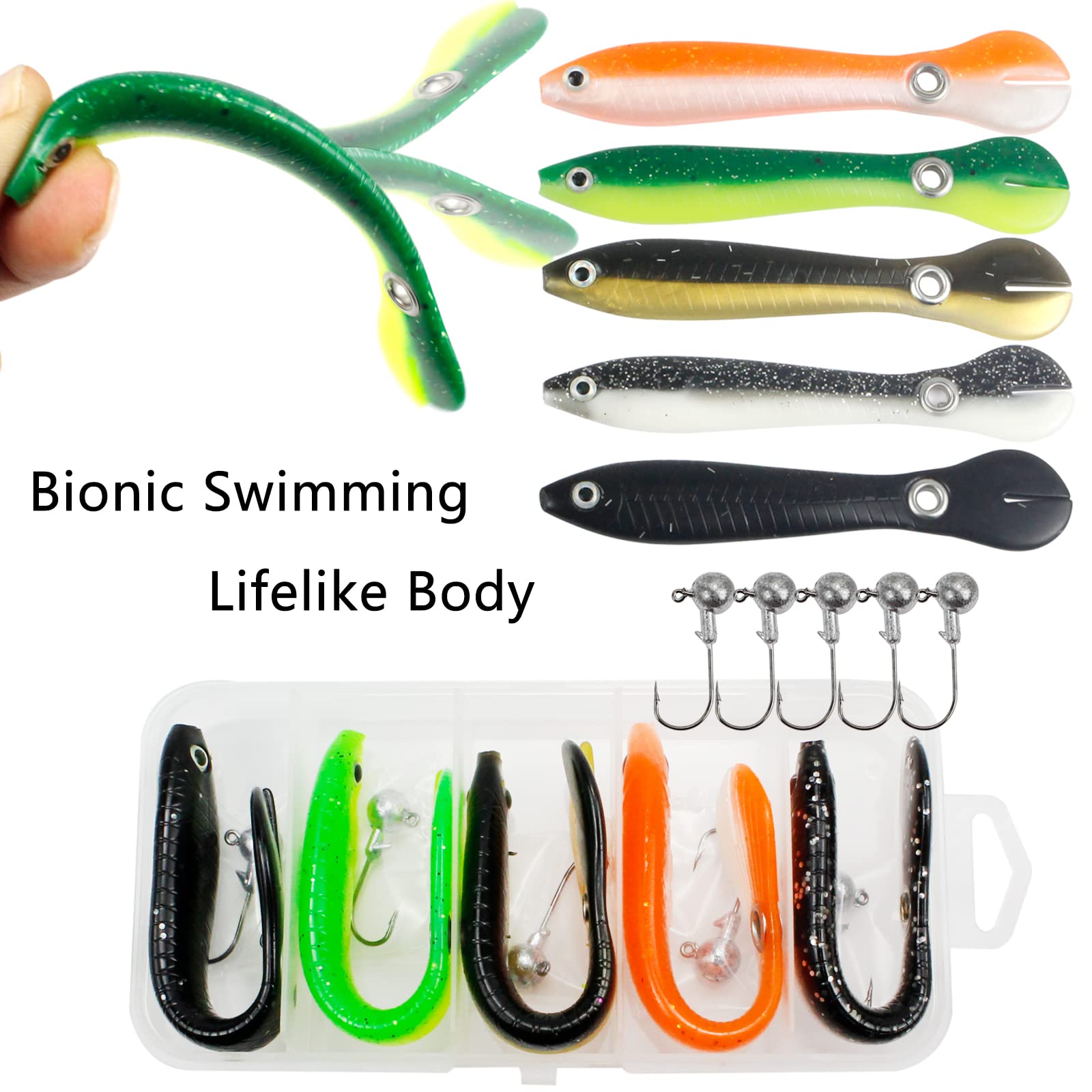 ZRUOYI 5 Pcs Soft Bionic Loach Bass Fishing Lures and Lead Head Jigs Fishing Hooks,Jerk Hopping Swim Bait,Swimming Simulation Lures for Saltwater & Freshwater