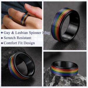 Personalized Custom LGBT Pride Ring Rainbow Flag Enamel Gay Lesbians Wedding Band 8mm Black Steel Spinner Ring for Men Women