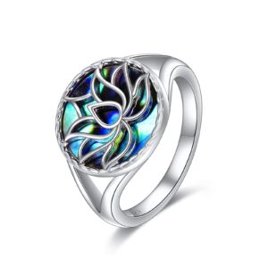 TIGER RIDER Lotus Flower Yoga Band Ring 925 Sterling Silver Ring with Abalone Shell, Size 7 8 9(9)