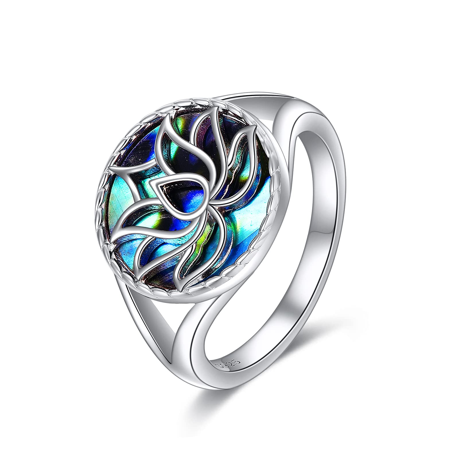 TIGER RIDER Lotus Flower Yoga Band Ring 925 Sterling Silver Ring with Abalone Shell, Size 7 8 9(9)