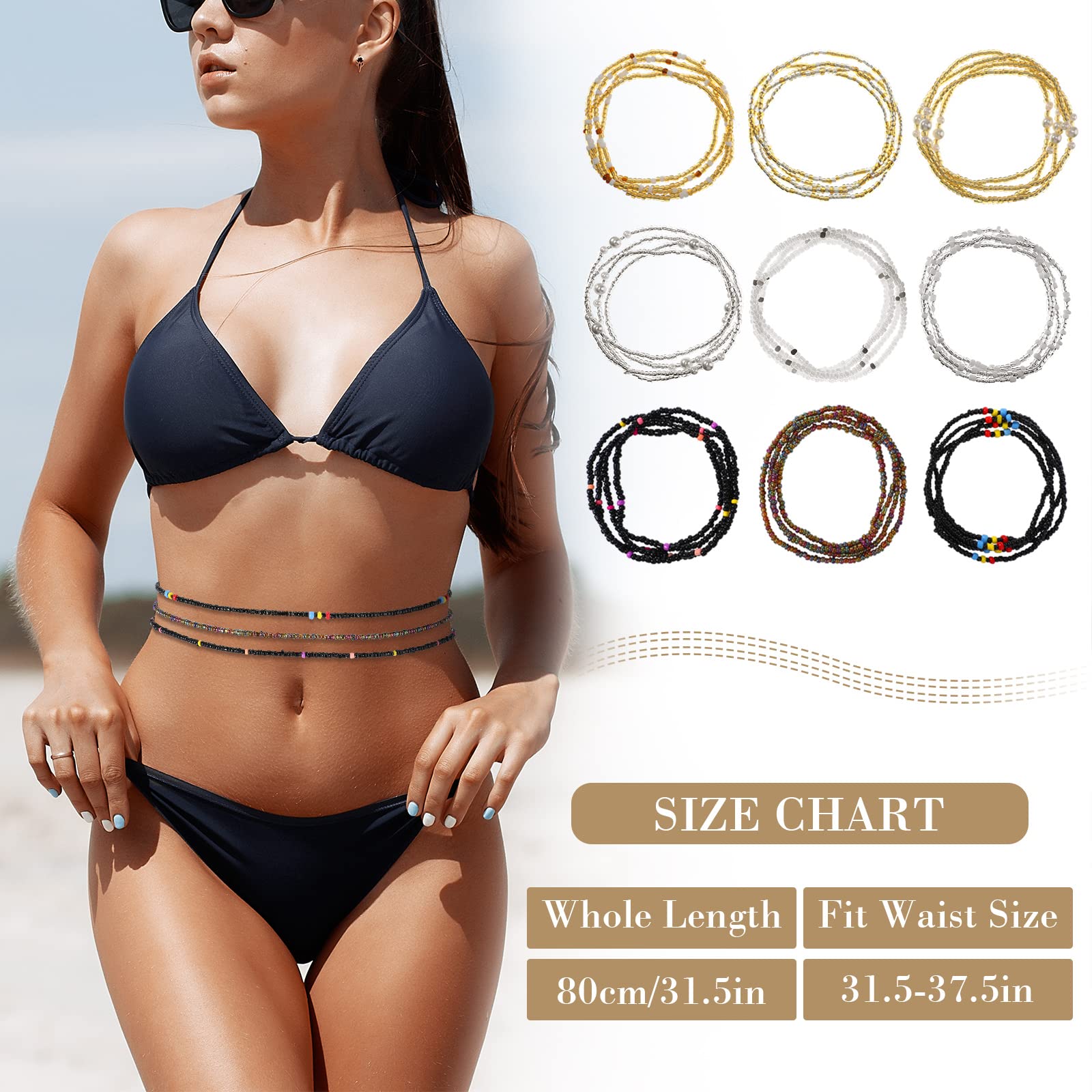 9 Packs Waist Bead Chains for Women Belly Beads Stretchy Waist Beads African Belly Chain Stomach Beads Body Bikini Jewelry (Clear, Black, Gold)