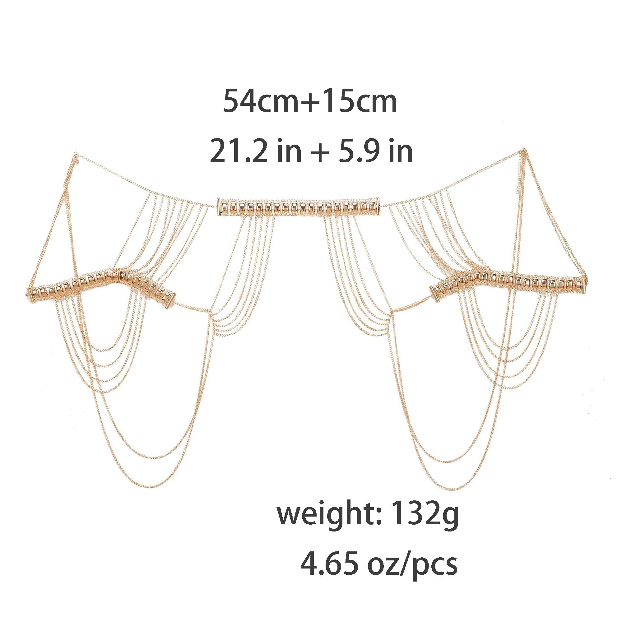 Beauty7 Body Chain Harness Link Necklace Gold Shoulder Chain Collar Dangling Tassels for Bridal Women Prom Party Wedding Dress Accessory Fashion Multilayer Jewelry