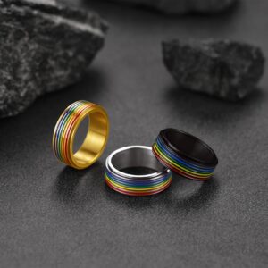 Personalized Custom LGBT Pride Ring Rainbow Flag Enamel Gay Lesbians Wedding Band 8mm Black Steel Spinner Ring for Men Women