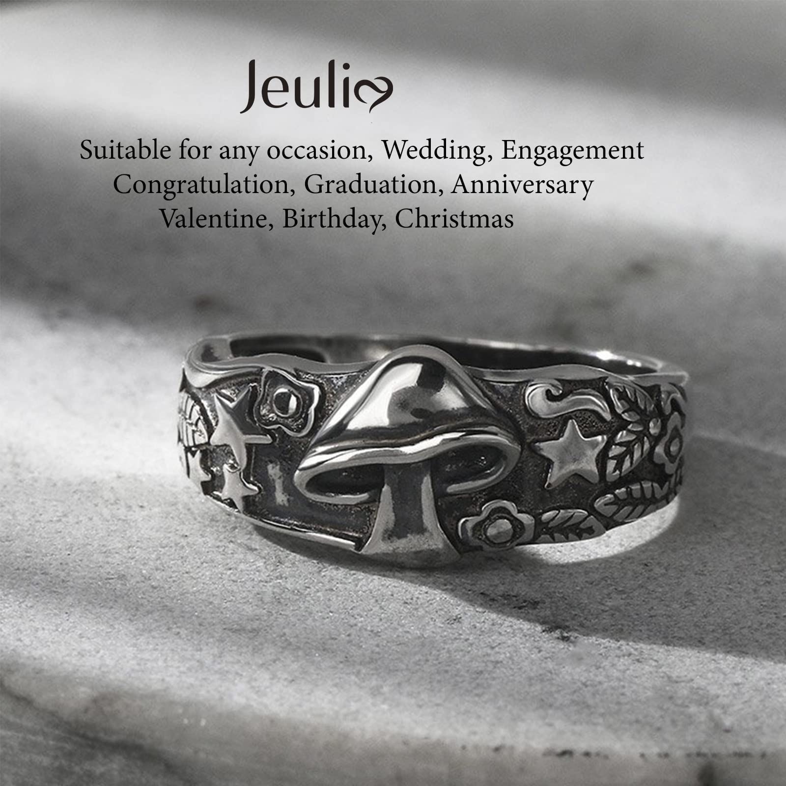 Jeulia Mushroom Rings For Women Vintage Gothic Flower Star Leaf Silver Punk Band Jewelry Cool Nature Ring For Men Teen Boys Birthday Anniversary with Gift Box (Vintage Mushroom, 6)