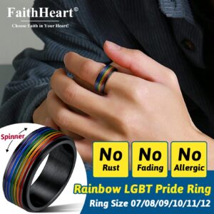 Personalized Custom LGBT Pride Ring Rainbow Flag Enamel Gay Lesbians Wedding Band 8mm Black Steel Spinner Ring for Men Women