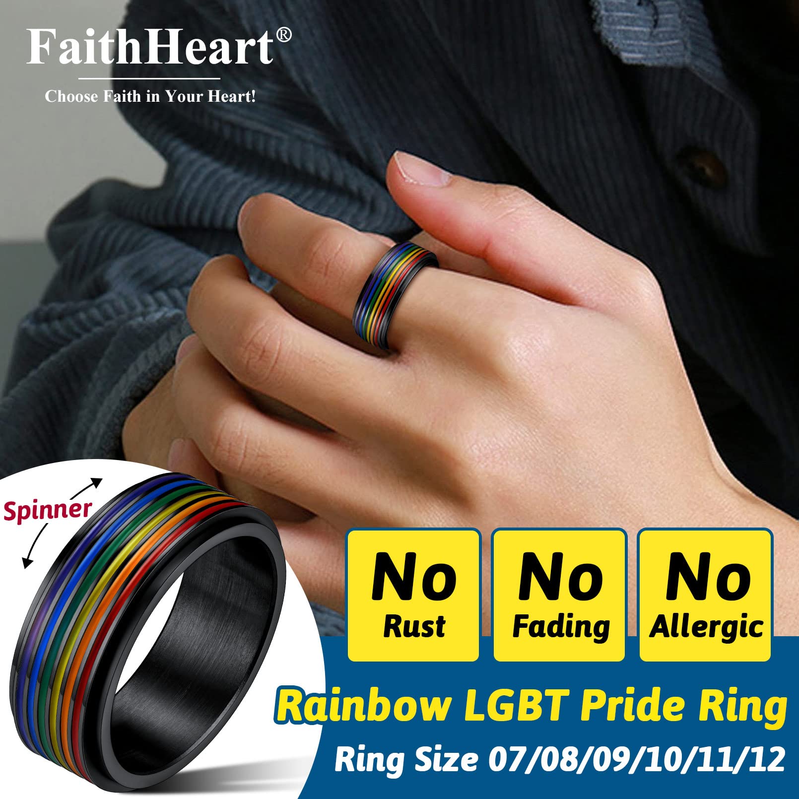 Personalized Custom LGBT Pride Ring Rainbow Flag Enamel Gay Lesbians Wedding Band 8mm Black Steel Spinner Ring for Men Women