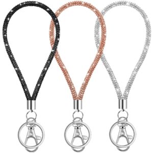 3 Pieces Bling Wristlet Keychain Wristlet Lanyard Keychains for Women Rhinestone Lanyards for Keys Wristlet Keychain for Women Keychain Wallet Credit Card Holder (Black, Champagne, White)