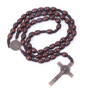 Nazareth Store St.Benedict Wood Beads Rosary Necklace Cord Beaded Catholic Rosary Saint Medal with Cross in Bronze Plating