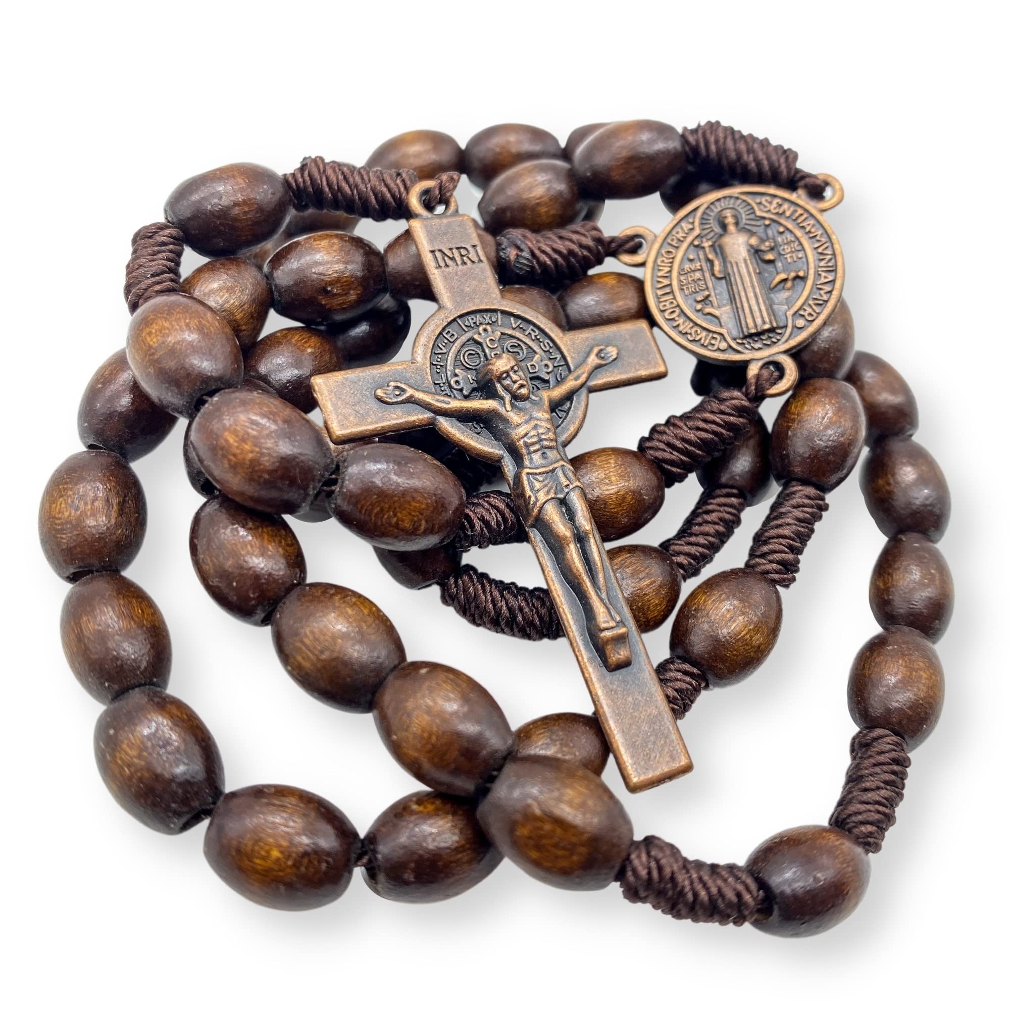 Nazareth Store St.Benedict Wood Beads Rosary Necklace Cord Beaded Catholic Rosary Saint Medal with Cross in Bronze Plating