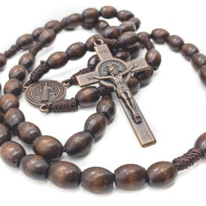 Nazareth Store St.Benedict Wood Beads Rosary Necklace Cord Beaded Catholic Rosary Saint Medal with Cross in Bronze Plating