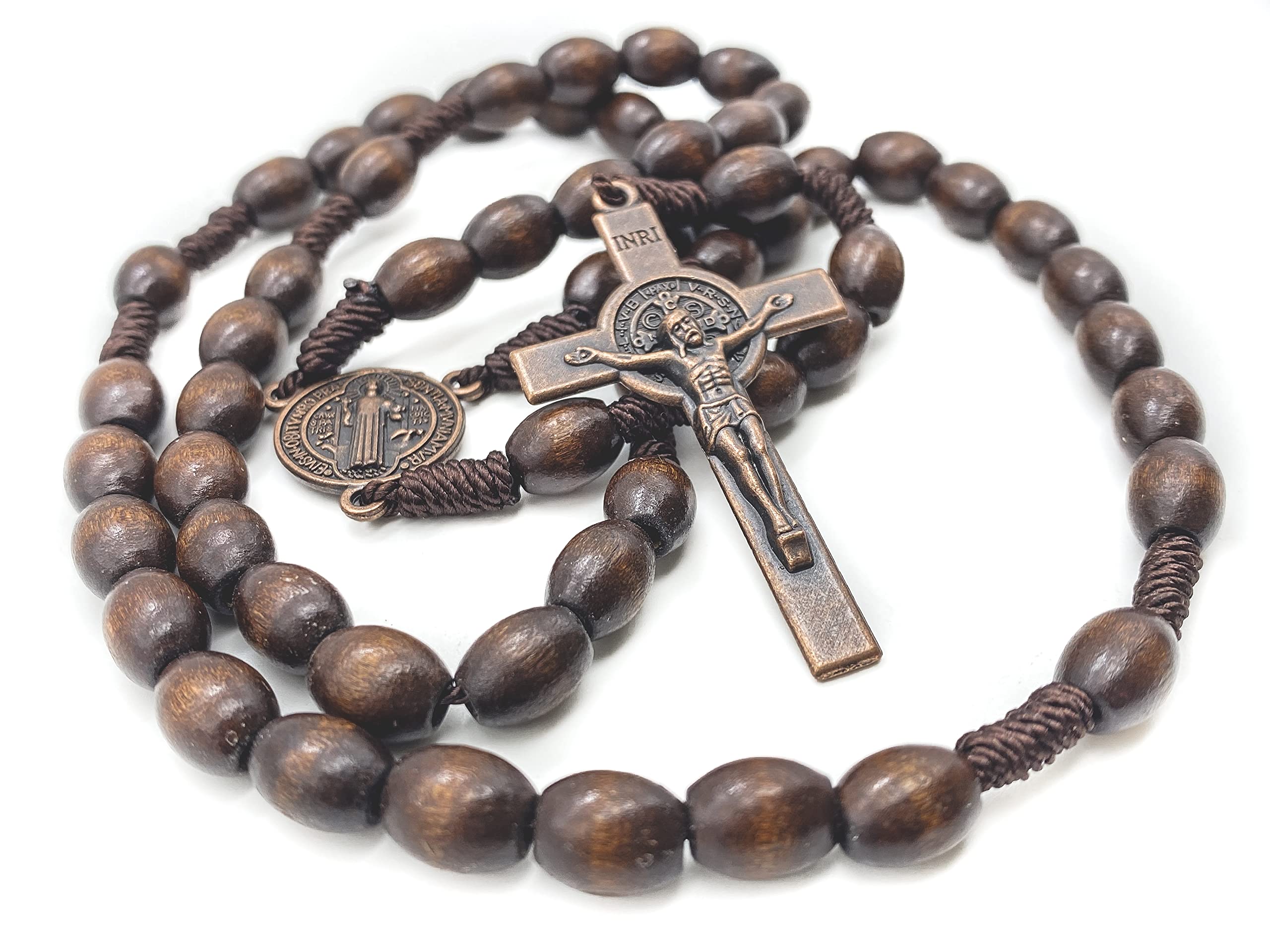 Nazareth Store St.Benedict Wood Beads Rosary Necklace Cord Beaded Catholic Rosary Saint Medal with Cross in Bronze Plating