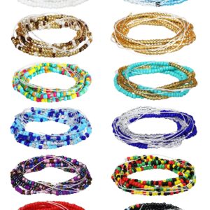 12 Pieces African Waist Beads for Women 48 Inch Layered Belly Body Chain Body Jewelry Colorful Belly Beads Summer Beach Bohemia Body Jewelry for Women