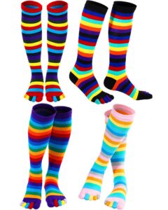 zhanmai rainbow thigh high 5 toe socks, 4 pairs, cotton, breathable, women's, one size, striped, leg warmers, fun, party, casual