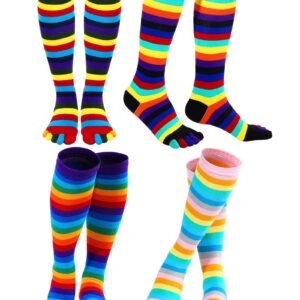 Zhanmai Rainbow Thigh High 5 Toe Socks, 4 Pairs, Cotton, Breathable, Women's, One Size, Striped, Leg Warmers, Fun, Party, Casual