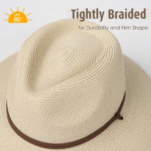 FURTALK Womens Summer Straw Sun Hats Wide Brim Panama Fedora Beach Hat with Wind Lanyard UPF 80+ Beige