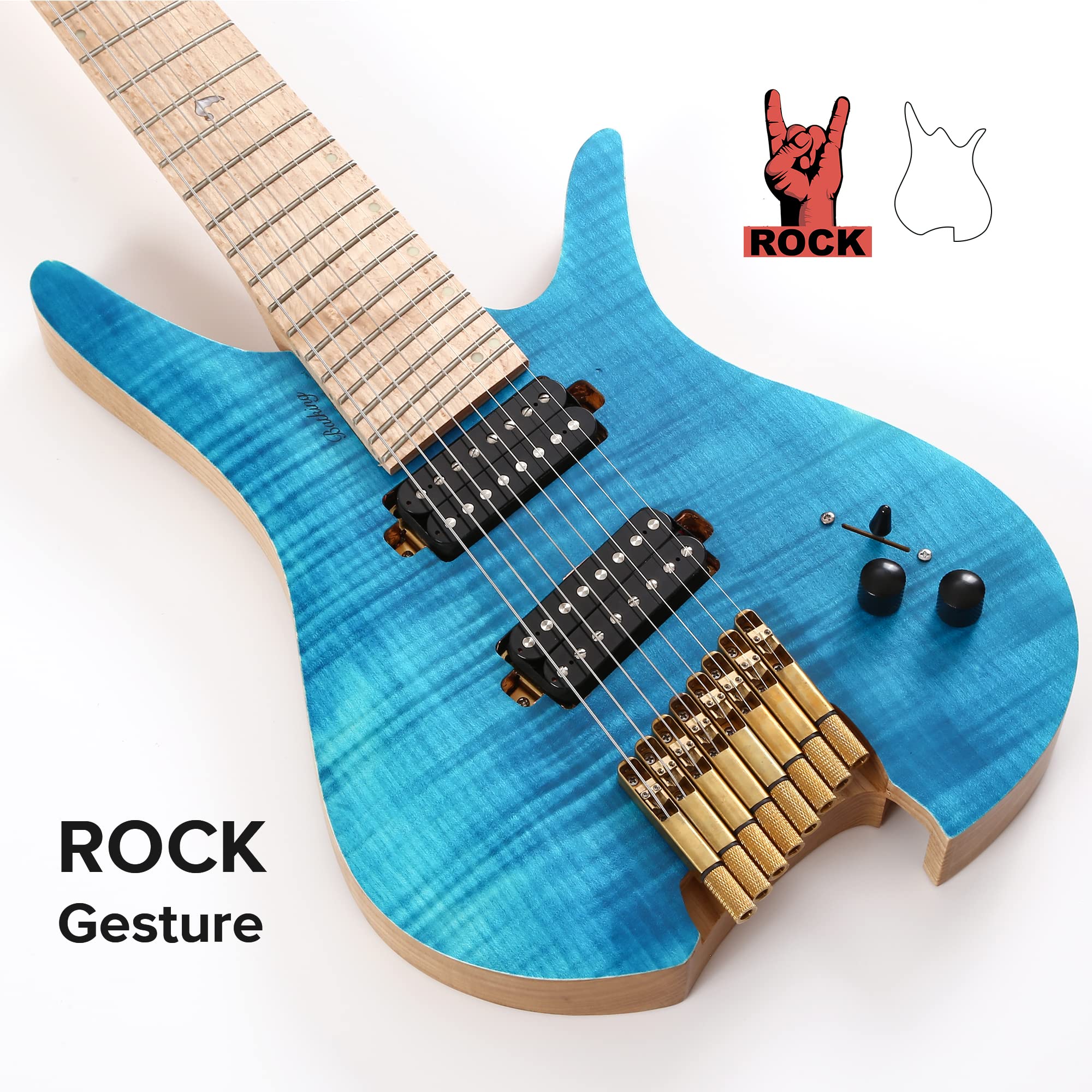 Batking Headless Electric Guitar, 8 String Fanned Fret Travel Guitar (blue)