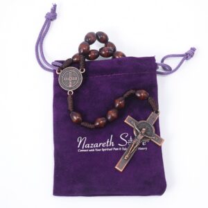 Nazareth Store St.Benedict Wood Beads Rosary Necklace Cord Beaded Catholic Rosary Saint Medal with Cross in Bronze Plating