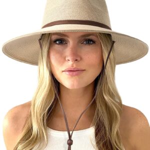 FURTALK Womens Summer Straw Sun Hats Wide Brim Panama Fedora Beach Hat with Wind Lanyard UPF 80+ Beige