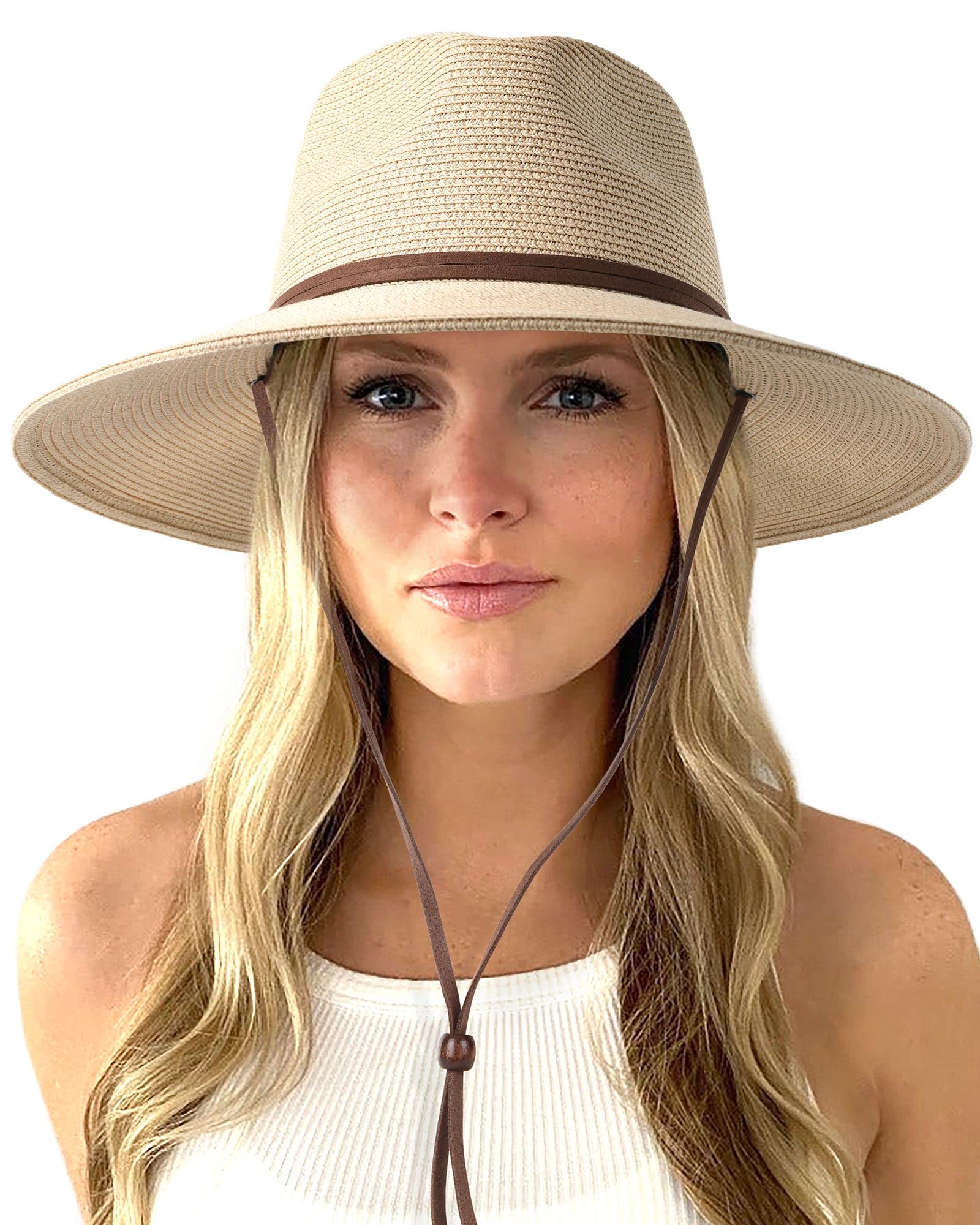 FURTALK Womens Summer Straw Sun Hats Wide Brim Panama Fedora Beach Hat with Wind Lanyard UPF 80+ Beige