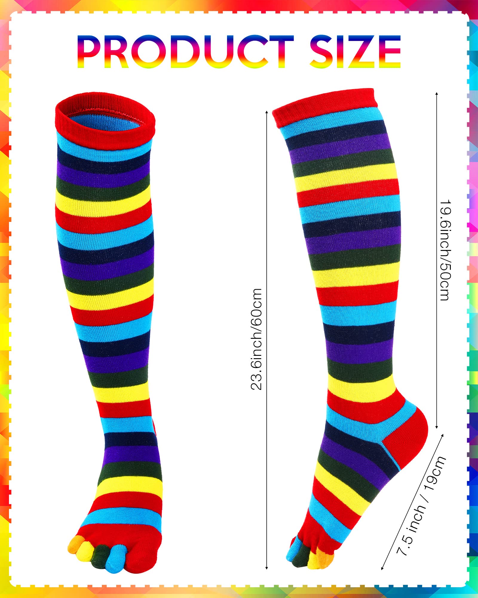 Zhanmai Rainbow Thigh High 5 Toe Socks, 4 Pairs, Cotton, Breathable, Women's, One Size, Striped, Leg Warmers, Fun, Party, Casual