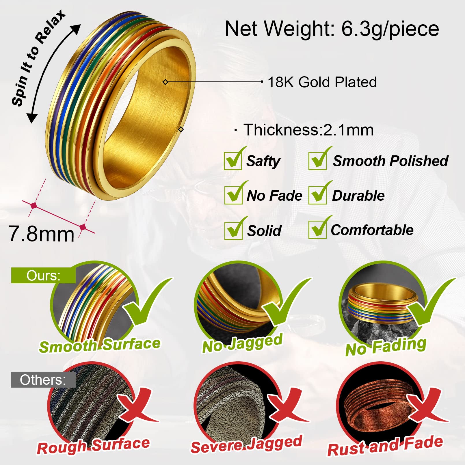 FaithHeart Wedding Band Rings for Women Gold Plated 8mm LGBTQ Love Spinner Thumb Rings for Man Size 9