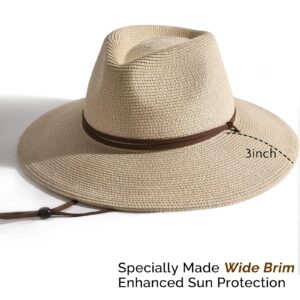 FURTALK Womens Summer Straw Sun Hats Wide Brim Panama Fedora Beach Hat with Wind Lanyard UPF 80+ Beige