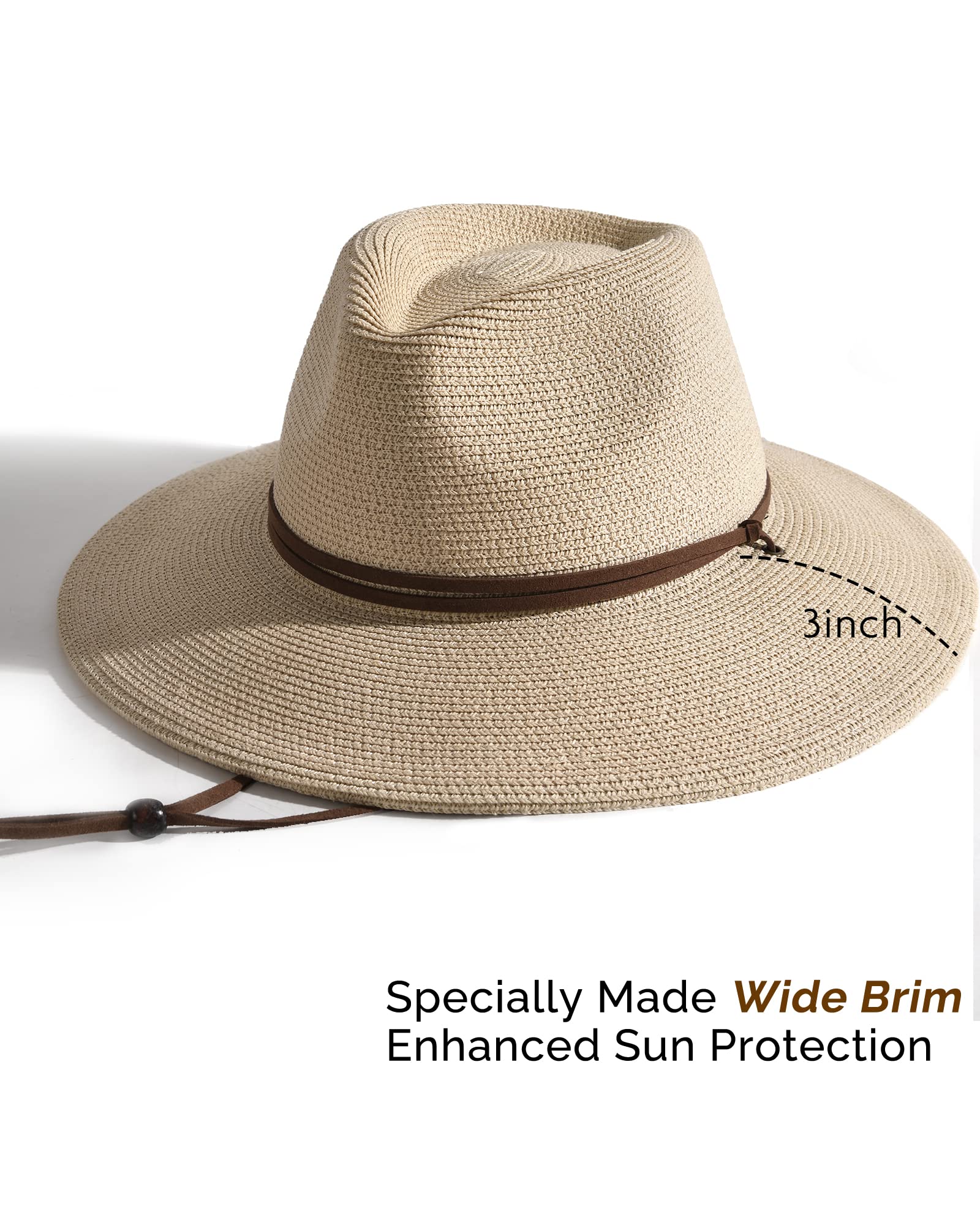 FURTALK Womens Summer Straw Sun Hats Wide Brim Panama Fedora Beach Hat with Wind Lanyard UPF 80+ Beige