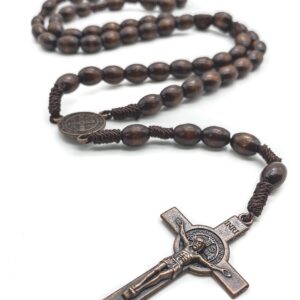 Nazareth Store St.Benedict Wood Beads Rosary Necklace Cord Beaded Catholic Rosary Saint Medal with Cross in Bronze Plating