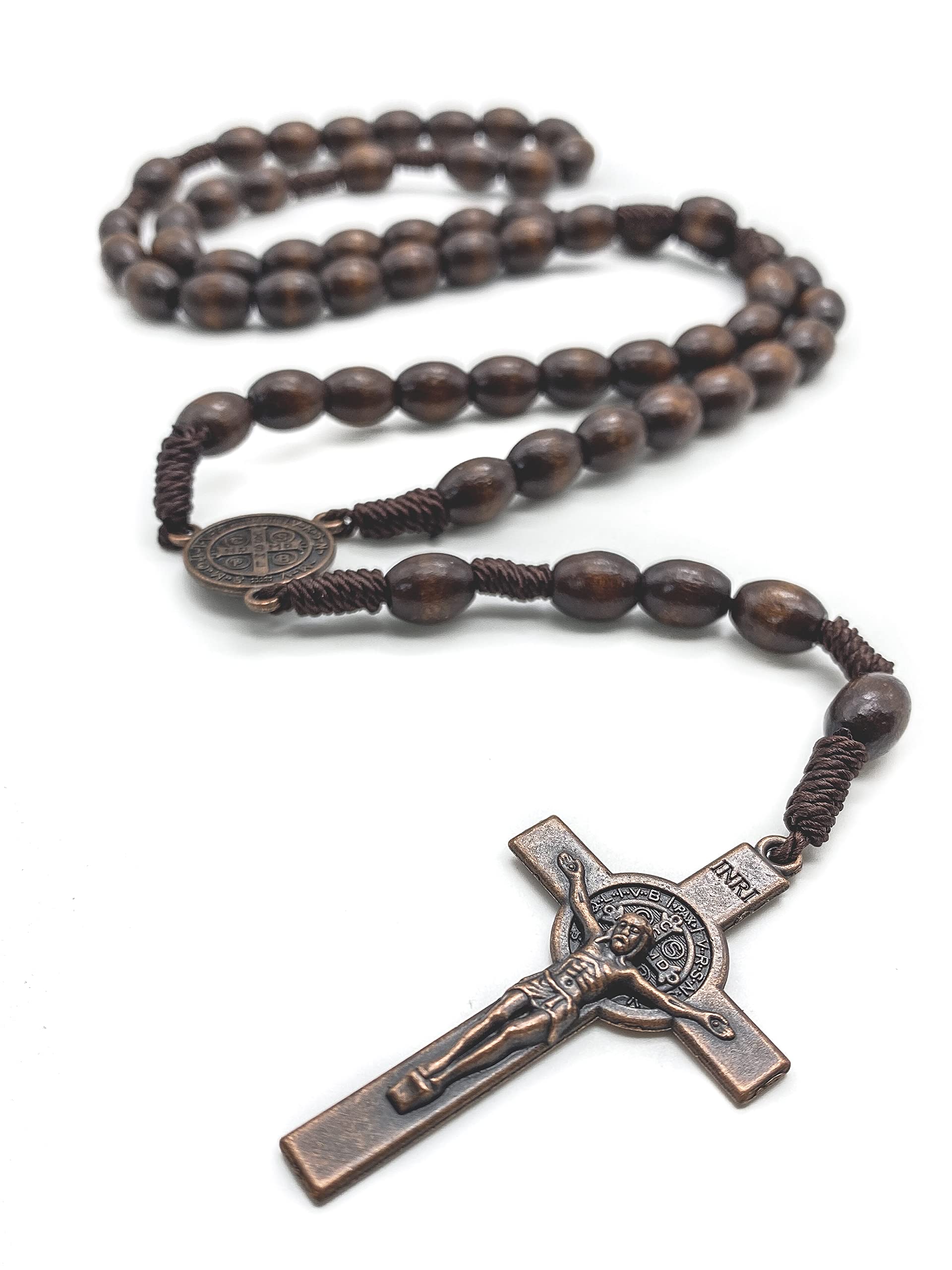 Nazareth Store St.Benedict Wood Beads Rosary Necklace Cord Beaded Catholic Rosary Saint Medal with Cross in Bronze Plating