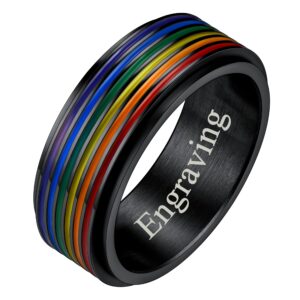 Personalized Custom LGBT Pride Ring Rainbow Flag Enamel Gay Lesbians Wedding Band 8mm Black Steel Spinner Ring for Men Women