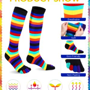 Zhanmai Rainbow Thigh High 5 Toe Socks, 4 Pairs, Cotton, Breathable, Women's, One Size, Striped, Leg Warmers, Fun, Party, Casual