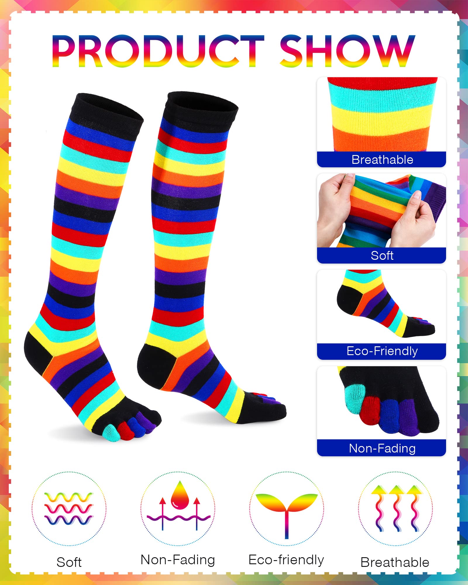 Zhanmai Rainbow Thigh High 5 Toe Socks, 4 Pairs, Cotton, Breathable, Women's, One Size, Striped, Leg Warmers, Fun, Party, Casual