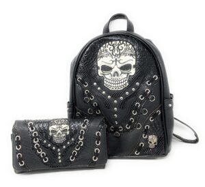 texas west large sugar skull day of the dead daypack concealed carry backpack women travel biker purse wallet set (beige)