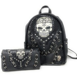 Texas West Large Sugar Skull Day of the Dead Daypack Concealed Carry Backpack Women Travel Biker Purse Wallet Set (Beige)