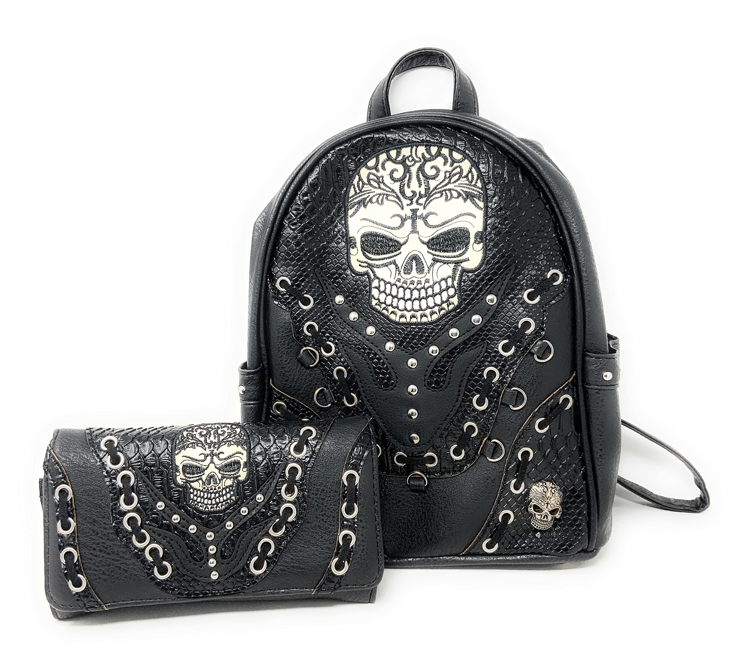 Texas West Large Sugar Skull Day of the Dead Daypack Concealed Carry Backpack Women Travel Biker Purse Wallet Set (Beige)