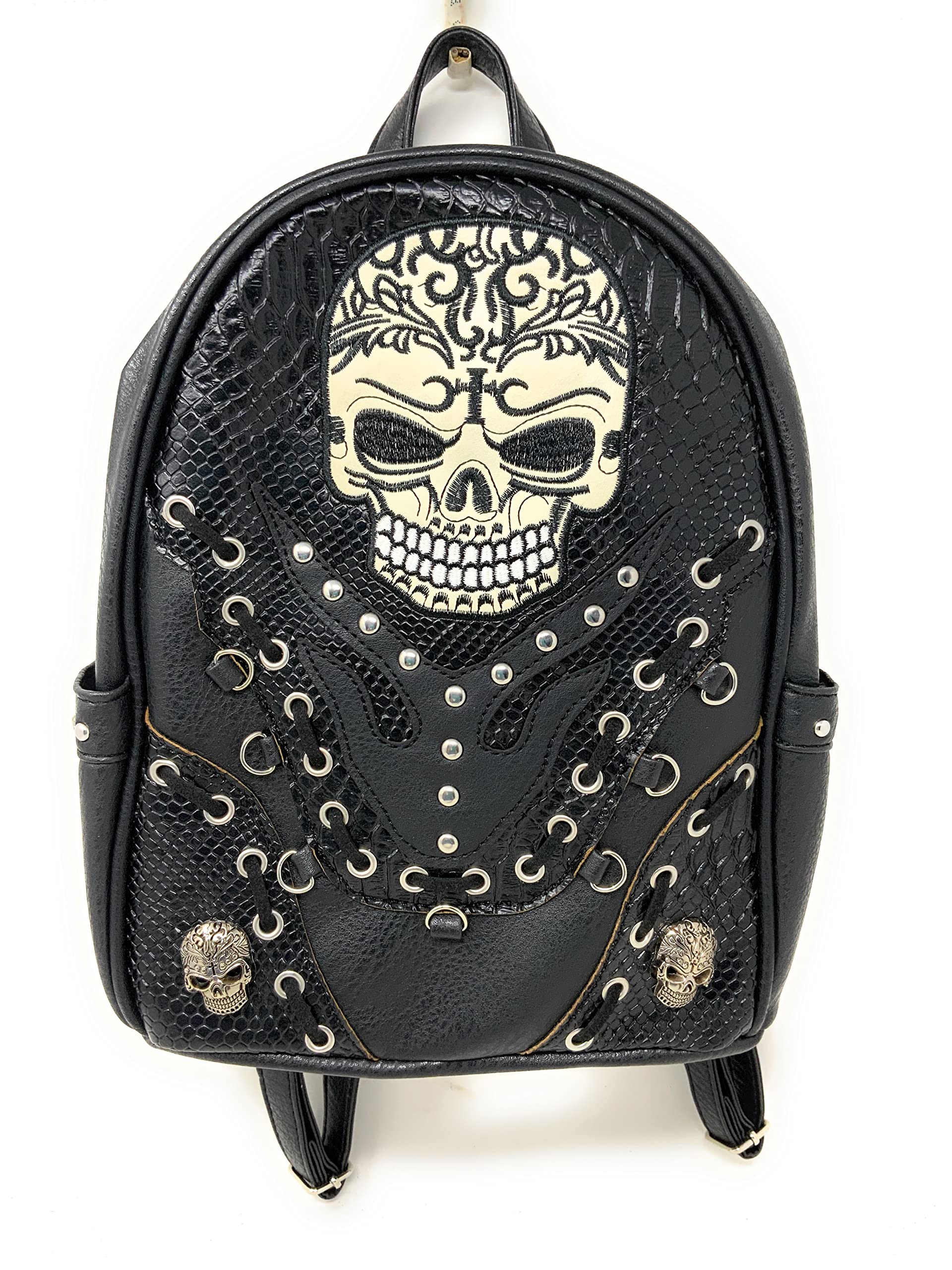 Texas West Large Sugar Skull Day of the Dead Daypack Concealed Carry Backpack Women Travel Biker Purse Wallet Set (Beige)