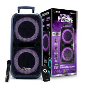 qaise portable bluetooth speaker & karaoke machine - portable pa system with wireless mic, professional dual 12” subwoofer with lights, 7h play time, 6000 watts peak power - sonicboomer x douze