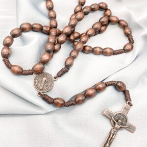 Nazareth Store St.Benedict Wood Beads Rosary Necklace Cord Beaded Catholic Rosary Saint Medal with Cross in Bronze Plating