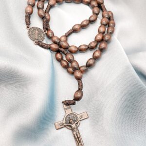 Nazareth Store St.Benedict Wood Beads Rosary Necklace Cord Beaded Catholic Rosary Saint Medal with Cross in Bronze Plating