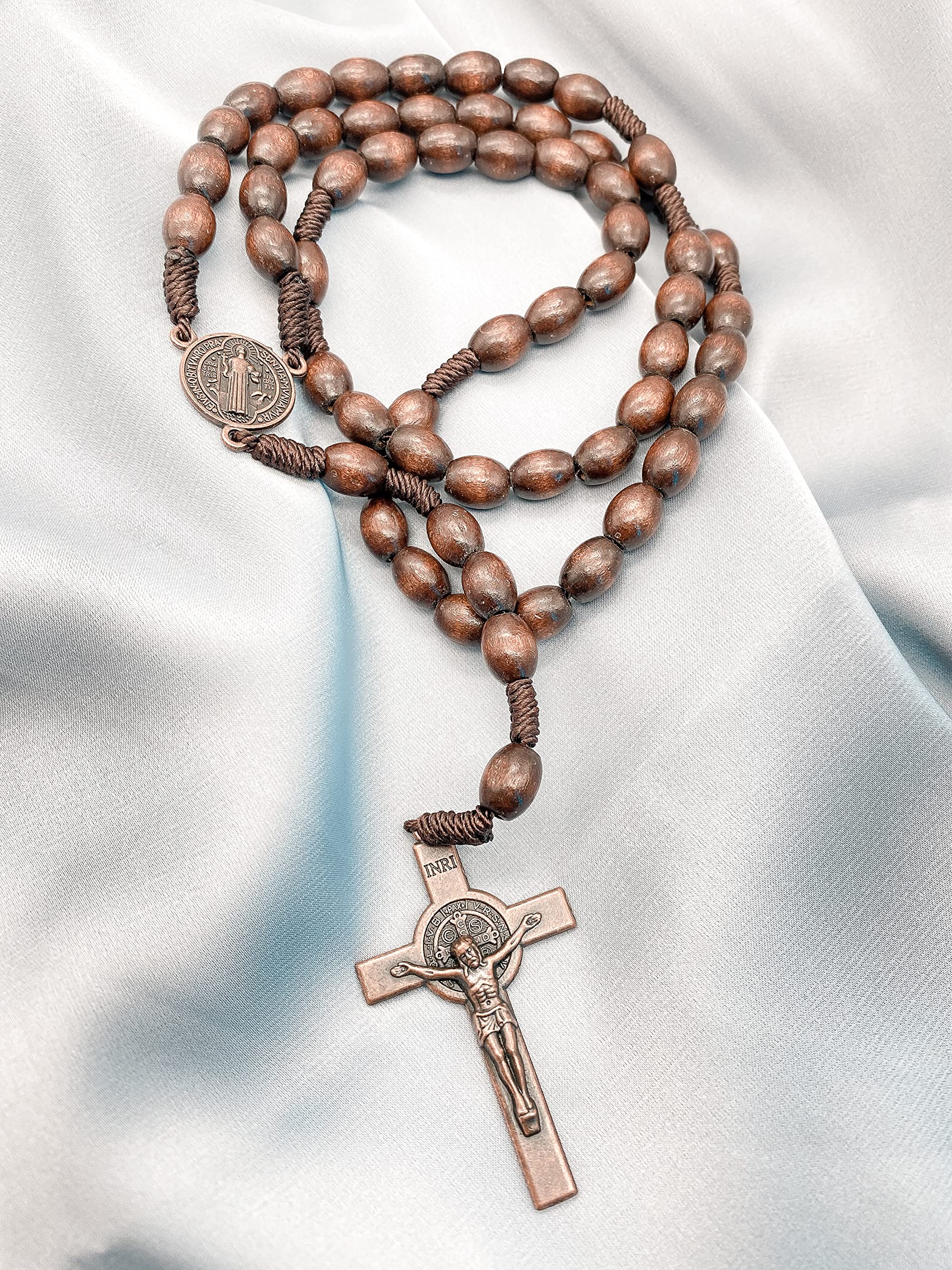 Nazareth Store St.Benedict Wood Beads Rosary Necklace Cord Beaded Catholic Rosary Saint Medal with Cross in Bronze Plating